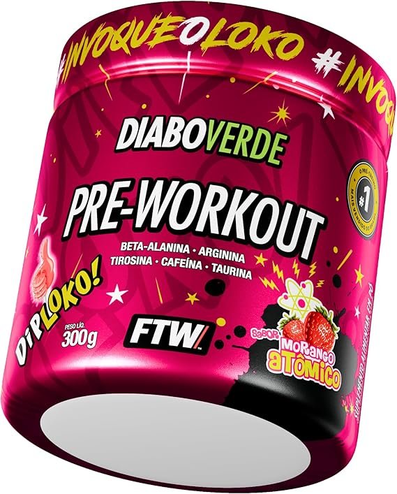 FTW Pré-Treino Diabo Verde Diploko em Pó com Cafeína, Aminoácidos Beta‑Alanina e Arginina para Treinos e Atividades Físicas - Pote 300 g (Morango Atômico)