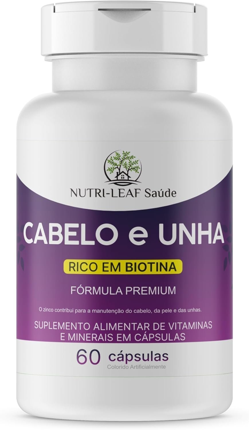 Cabelo e Unha Vitamina para Crescimento Capilar Unhas Fortes e Pele Saudável com Biotina Zinco e 16 Vitaminas Essenciais 60 Cápsulas da NUTRI-LEAF Saú